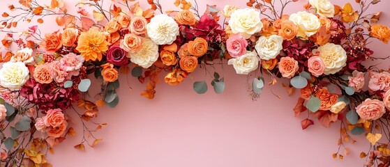 Wall Mural - Autumnal floral arch with roses and leaves on pink background for wedding or fall event