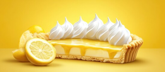 Poster - Lemon meringue pie with whipped cream topping on yellow background with fresh lemons and copy space for text