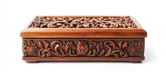 Aufkleber - Intricately carved wooden box with floral designs on a white background and ample Copy Space.