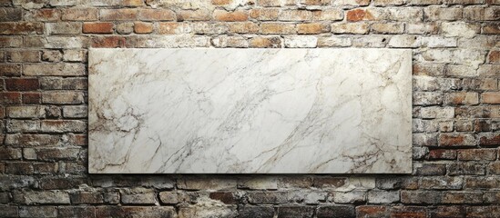 Poster - Blank marble slab mounted on rustic brick wall background