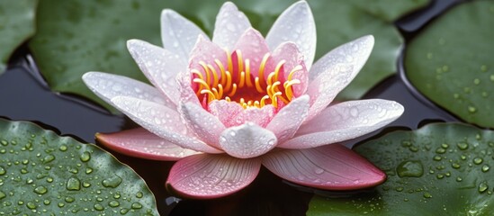 Aufkleber - Pink water lily with raindrops on petals blooming on a lily pad in a tranquil pond Copy Space