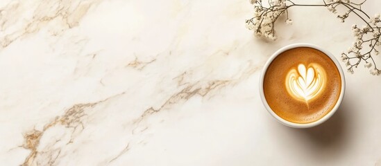 Poster - Coffee cup with latte art on marble surface with decorative plants on side and ample copy space for text placement