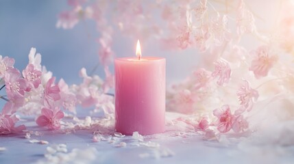 Poster - Pink candle lit among delicate pink flowers with soft background and copy space for text.