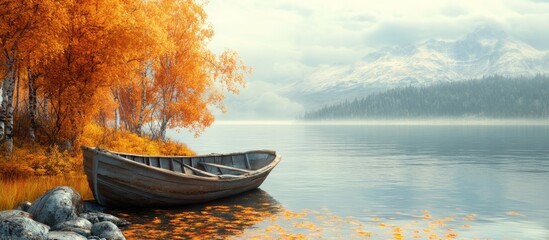 Aufkleber - Autumn landscape with wooden boat on calm lake surrounded by vibrant orange foliage and distant snowy mountains Copy Space