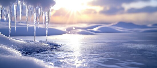 Aufkleber - Ice formations with icicles hanging over a calm body of water during sunrise with soft light and reflection Copy Space