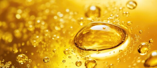 Poster - Macro shot of golden oil droplets in liquid with bubbles on a golden background ideal for product or food photography Copy Space