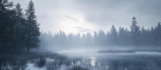Poster - Winter landscape with fog over still lake and coniferous forest during snowfall Copy Space