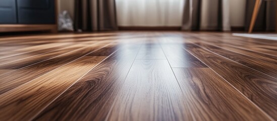 Poster - Wooden floor interior perspective with sunlit reflection and curtains in the background Copy Space