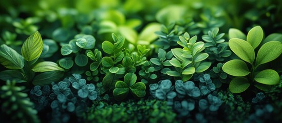 Poster - Lush green foliage close-up with various leaf shapes and textures natural background with copy space for text