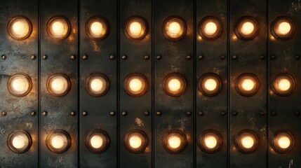 Poster - Vintage light bulb display on an industrial metal background with grunge texture and warm illumination Copy Space