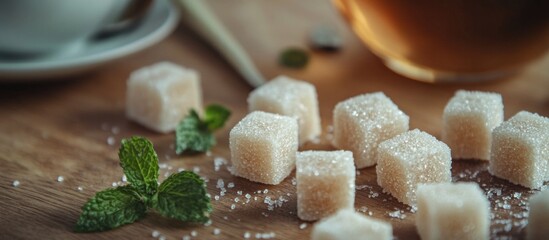 Poster - Cubes of sugar on a wooden table with fresh mint leaves and a cup of tea in the background Copy Space