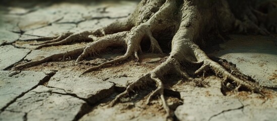 Poster - Tree roots emerging from cracked dry soil in a drought-affected landscape with visible texture and Copy Space for text