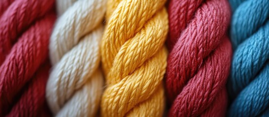 Poster - Colorful twisted ropes in various shades including red, yellow, white, and blue with textured detail and Copy Space available