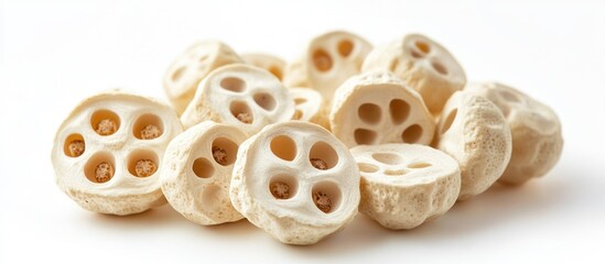 Poster - Dried lotus seeds with hole patterns on white background Copy Space