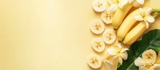 Aufkleber - Fresh bananas with sliced pieces and tropical flowers on a yellow background with copy space for text.