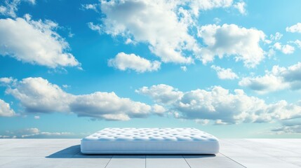 Poster - White mattress on a rooftop or platform against a bright blue sky with fluffy clouds and ample Copy Space for text placement