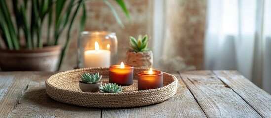 Poster - Cozy home interior with candles and succulents on wooden table in natural light Copy Space