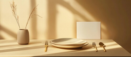 Aufkleber - Minimalist table setting with ceramic plates, cutlery, and a vase on a neutral background with soft shadows and copy space.