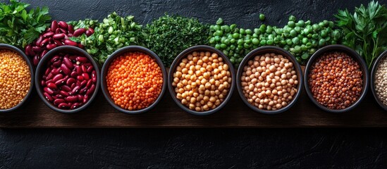 Poster - Assorted legumes and pulses in bowls on a dark background with fresh greens Copy Space