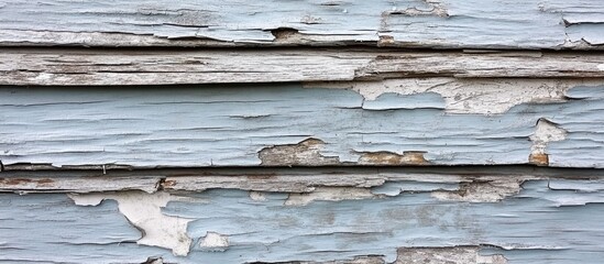 Wall Mural - Close-up of weathered wood siding with peeling blue paint and visible texture.