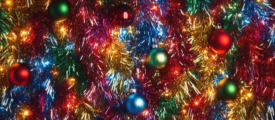 Aufkleber - Colorful Christmas Tinsel with Ornaments and Lights Abstract Background with Copy Space
