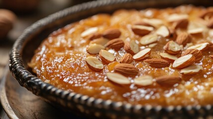 Aufkleber - Traditional Middle Eastern dessert garnished with almonds in a decorative serving dish with Copy Space.