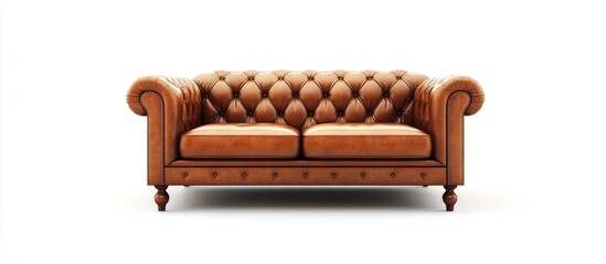 Aufkleber - Brown tufted leather sofa with wooden legs on a white background, Copy Space