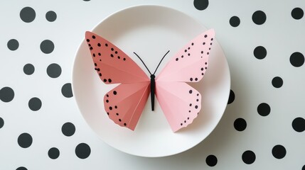Poster - Pink paper butterfly art installation on white plate with black polka dots background and ample Copy Space.