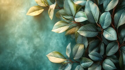 Poster - Sunlit green leaves on textured background creating ideal space for text or branding purposes
