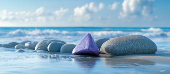 Poster - Colorful triangular stone among smooth pebbles on wet sandy beach with ocean waves and cloudy sky Copy Space