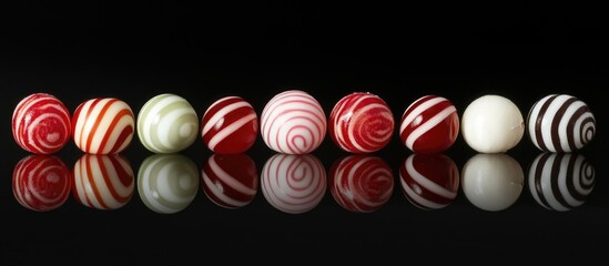 Poster - Colorful striped candies arranged in a row on a reflective black surface with copy space for text