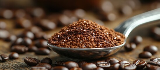 Poster - Ground coffee in a silver spoon with coffee beans scattered on a wooden surface Copy Space