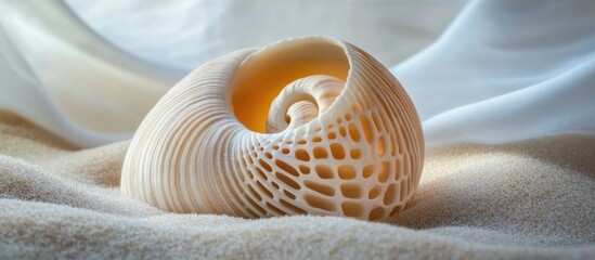 Poster - Sea shell with intricate patterns resting on fine sand, soft fabric background, natural light, detail and texture, Copy Space.