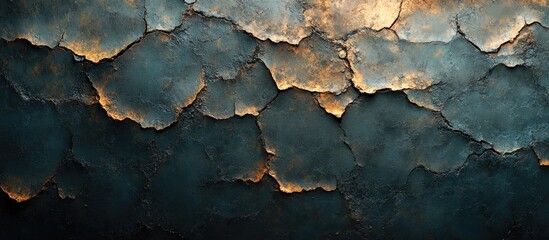 Fototapete - Textured wall with peeling paint and subtle lighting variations showcasing a mix of blue and gold hues. Copy Space available.