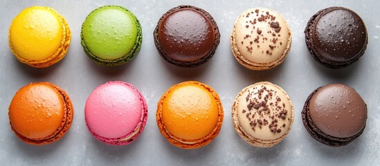 Poster - Colorful assorted macarons arranged in two rows on a grey surface with Copy Space for text.