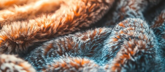 Poster - Textured fabric close-up with soft, fuzzy surface showcasing warm orange and blue hues Copy Space