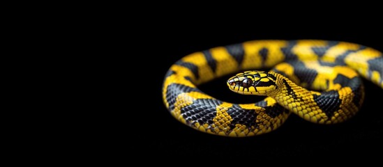 Aufkleber - Yellow and black striped snake coiled on a black background with Copy Space