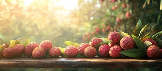 Aufkleber - Fresh lychee fruits arranged on a wooden table with green leaves against a blurred natural background Copy Space