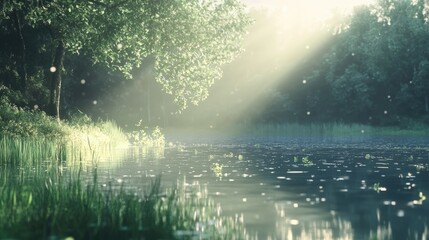 Poster - Serene Sunlight Reflections on a Tranquil Forest Lake with Space for Text Overlay