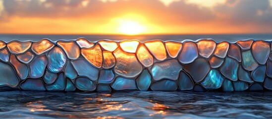 Leinwandbilder - Colorful stained glass effect resembling ocean waves at sunset with vibrant colors and reflections Copy Space