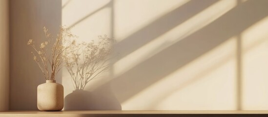 Poster - Interior scene featuring a vase with dried flowers on a shelf, soft natural light and shadows creating a calming atmosphere, Copy Space available.