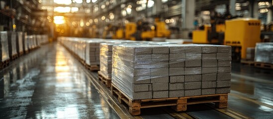 Poster - Warehouse interior with stacked pallets of goods at sunset Copy Space