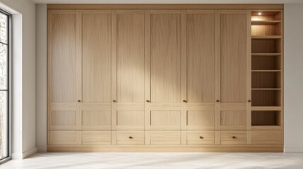 Poster - Elegant light wood bedroom unit with white decor featuring spacious storage and empty copyspace for text display or design ideas