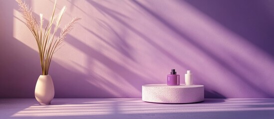 Poster - Minimalist display of cosmetic bottles on a round pedestal surrounded by soft shadows and decorative vase with flowers in a purple room Copy Space