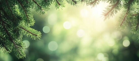Poster - Green Pine Tree Branches in Soft Focus with Sunlight and Bokeh Effect Copy Space