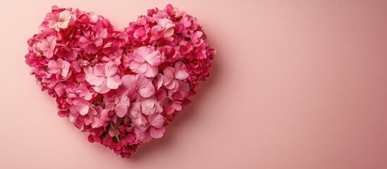 Poster - Floral heart shape made of pink and red flowers on a pastel pink background with ample Copy Space for text insertion