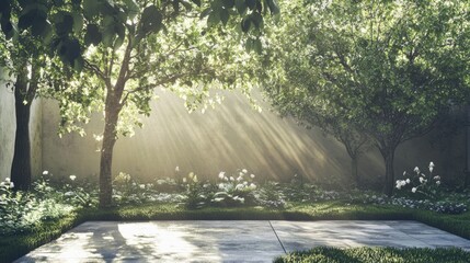 Poster - Sunlight filtering through trees in a serene garden with ample copyspace for text and vibrant greenery enhancing the tranquil atmosphere