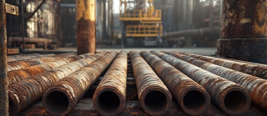 Poster - Rusty industrial pipes on factory floor with blurred background and industrial structures Copy Space