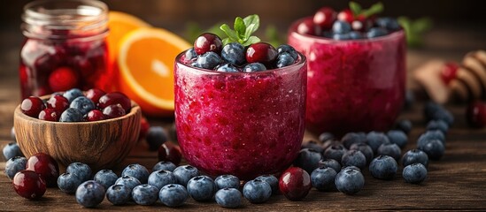 Poster - Fresh berry smoothies with blueberries and cranberries in glasses, wooden bowl with berries, orange slices, dark wooden background, Copy Space
