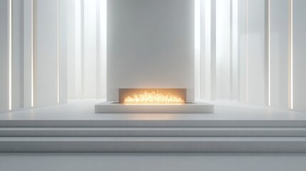 Poster - Modern Scandinavian interior design featuring a minimalist fireplace with glowing flames against a sleek white backdrop and clean lines.